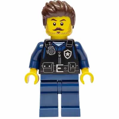 Police - City Officer Male, Black Safety Vest with Silver Star Badge Logo, Dark Blue Legs, Dark Brown Wavy Hair