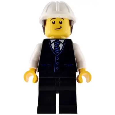 Construction Engineer / Architect - Male, Black Vest with Blue Striped Tie, Black Legs, White Construction Helmet with Dark Brown Hair, Lopsided Grin