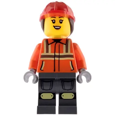 Construction Worker - Female, Reddish Orange Safety Jacket with Reflective Stripes, Dark Bluish Gray Legs, Red Construction Helmet with Dark Brown Ponytail Hair, Open Mouth Smile with Top Teeth