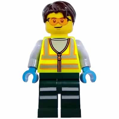Service Truck Driver - Male, Neon Yellow Safety Vest with Reflective Stripes, Dark Green Legs with Reflective Stripes, Dark Brown Hair