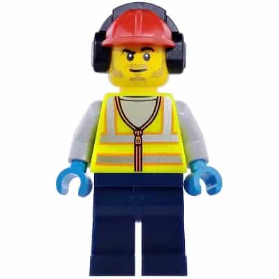 Airport Worker - Male, Neon Yellow Safety Vest with Reflective Stripes, Dark Blue Legs, Red Construction Helmet with Black Ear Protectors / Headphones, Stubble