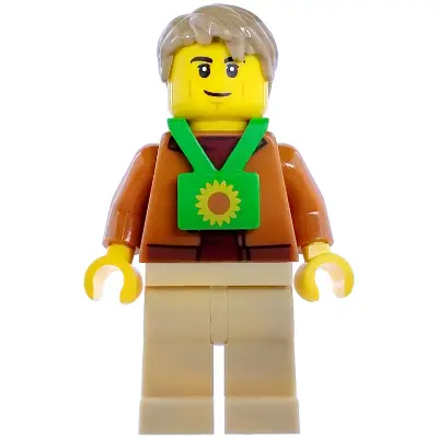 Plane Passenger - Male, Dark Orange Jacket, Tan Legs, Bright Green Sunflower Lanyard, Dark Tan Hair