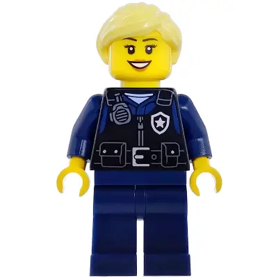 Airport Security Guard - Female, Black Safety Vest with Silver Star Badge Logo, Dark Blue Legs, Bright Light Yellow Hair Ponytail