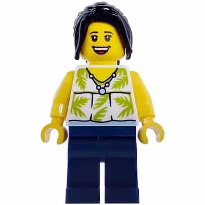 Plane Passenger - Female, White Sleeveless Top with Lime Palm Leaves, Dark Blue Legs, Black Hair Ponytail