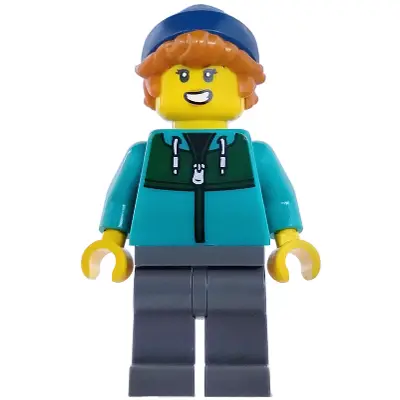Plane Passenger - Female, Dark Turquoise Jacket with Dark Green Panel, Dark Bluish Gray Legs, Dark Blue Beanie