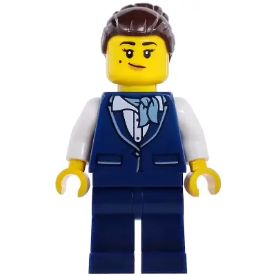 Flight Attendant - Female, Dark Blue Vest, Dark Blue Legs, Dark Brown Hair Bun