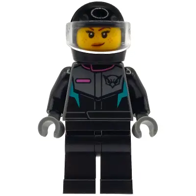Jet Pilot - Female, Racing Suit with Hawk Head Logo, Black Legs, Black Helmet, Trans-Clear Visor, Smirk / Wink