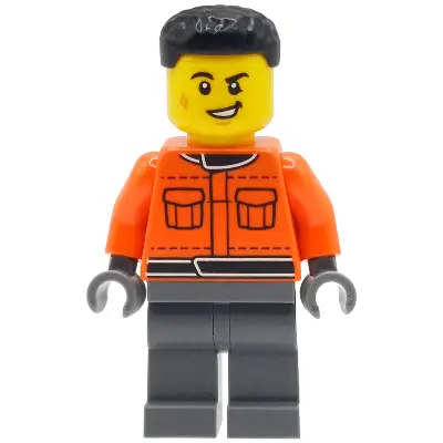 Formula 1 Pit Crew Member - Male, Reddish Orange Racing Suit with Pockets, Dark Bluish Gray Legs, Black Hair, Scuff Mark
