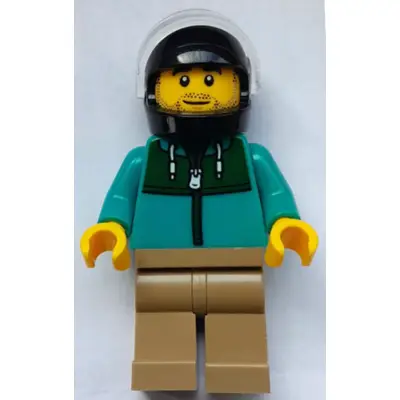 Stunt Driver - Male, Dark Turquoise Jacket with Dark Green Panel, Dark Tan Legs, Black Helmet, Trans-Clear Visor