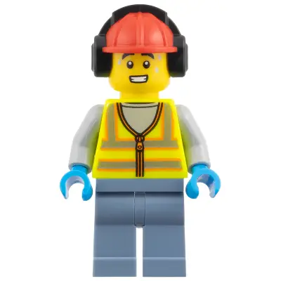 Airport Worker - Male, Neon Yellow Safety Vest with Reflective Stripes, Sand Blue Legs, Red Construction Helmet with Black Ear Protectors / Headphones