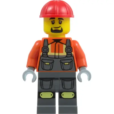 Construction Worker - Male, Dark Bluish Gray Overalls over Reddish Orange Safety Jacket with Reflective Stripes, Dark Bluish Gray Legs with Knee Pads, Red Construction Helmet, Goatee