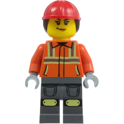Construction Worker - Female, Reddish Orange Safety Jacket with Reflective Stripes, Dark Bluish Gray Legs with Knee Pads, Red Construction Helmet with Dark Brown Ponytail Hair, Smirk