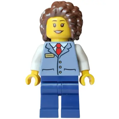 Streetcar Driver - Female, Sand Blue Vest over White Shirt, Dark Blue Legs, Dark Brown Hair