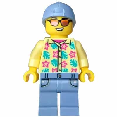 Streetcar Passenger - Male, Bright Light Yellow Shirt with Flowers and Leaves, Sand Blue Legs with Pockets and Cap