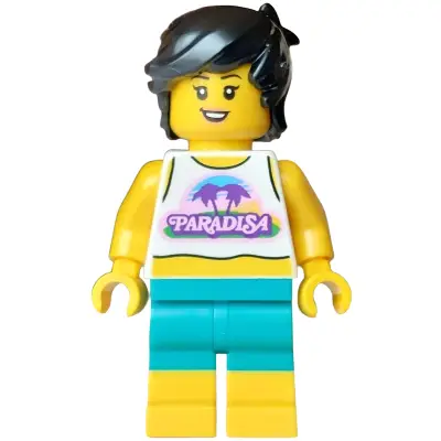 Surfer - Female, White Tank Top Cropped, Dark Turquoise Shorts, Black Hair Short Tousled