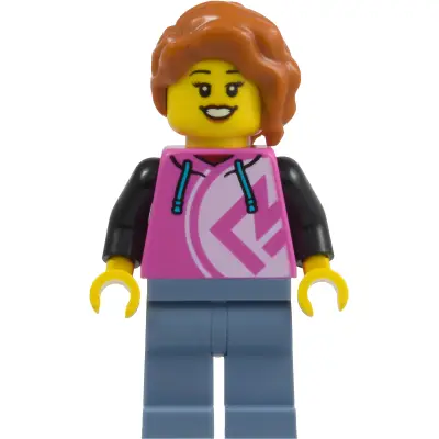 Pizza Restaurant Patron - Female, Dark Pink Hoodie, Sand Blue Legs, Dark Orange Hair