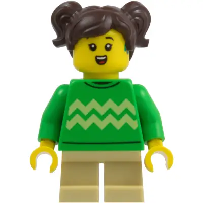 Child - Girl, Bright Green Sweater with Bright Light Yellow Zigzag Lines, Hearing Aid, Tan Short Legs, Dark Brown Hair with Pigtails