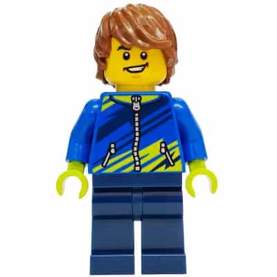 Mountain Bike Cyclist - Male, Blue Jacket with Dark Blue and Lime Diagonal Stripes, Dark Blue Legs, Reddish Brown Hair