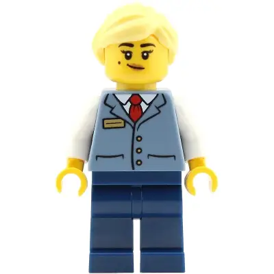 Station Master - Female, Sand Blue Vest over White Shirt, Dark Blue Legs, Bright Light Yellow Ponytail