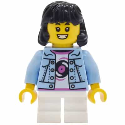 Lava Land Patron - Child, Girl, Bright Light Blue Denim Jacket over Shirt with Record, White Short Legs, Black Hair