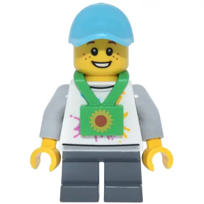 Lava Land Patron - Child, Male, White Shirt with Mountains Logo, Dark Bluish Gray Short Legs, Lanyard, Medium Azure Cap