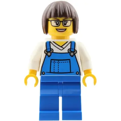 Truck Driver - Female, Blue Overalls over V-Neck Shirt, Blue Legs, Dark Brown Bob Cut Hair, Glasses