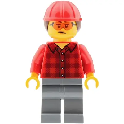 Mobile Crane Operator - Female, Red Plaid Flannel Shirt, Dark Bluish Gray Legs, Red Construction Helmet with Dark Brown Ponytail Hair, Safety Glasses