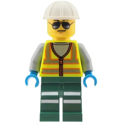 Train Worker - Male, Neon Yellow Safety Vest with Reflective Stripes, Dark Green Legs with Reflective Stripes, White Construction Helmet, Sunglasses