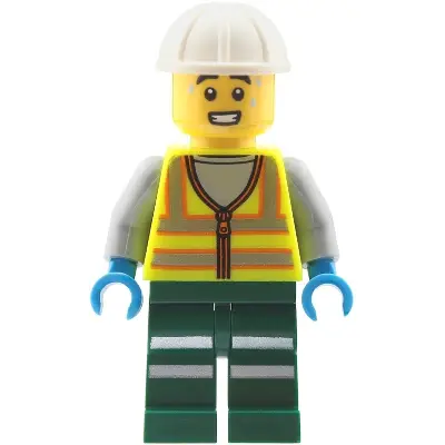 Train Worker - Male, Neon Yellow Safety Vest with Reflective Stripes, Dark Green Legs with Reflective Stripes, White Construction Helmet, Sweat Drops