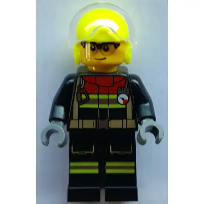 Fire - Male, Black Jacket and Legs with Reflective Stripes and Red Collar, Neon Yellow Flight Helmet, Trans-Clear Visor