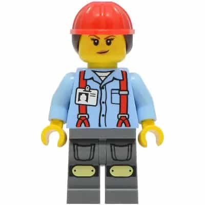 Construction Worker - Female, Bright Light Blue Shirt with Red Suspenders, Dark Bluish Gray Legs with Knee Pads, Red Construction Helmet with Dark Brown Ponytail Hair