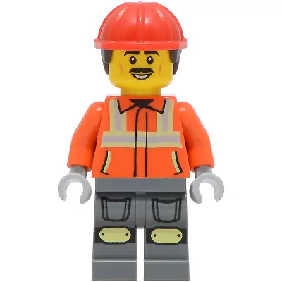 Construction Worker - Male, Reddish Orange Safety Jacket with Reflective Stripes, Dark Bluish Gray Legs with Knee Pads, Red Construction Helmet with Dark Brown Short Curly Hair, Moustache