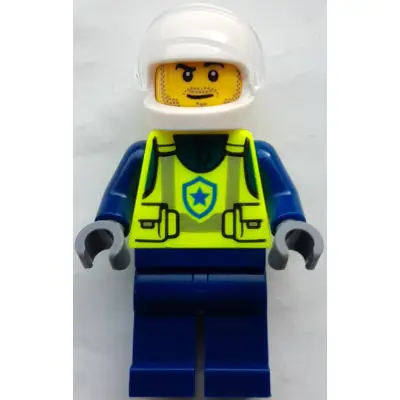 Police - City Officer Male, Neon Yellow Safety Vest, Dark Blue Legs, White Helmet, Trans-Clear Visor, Stubble