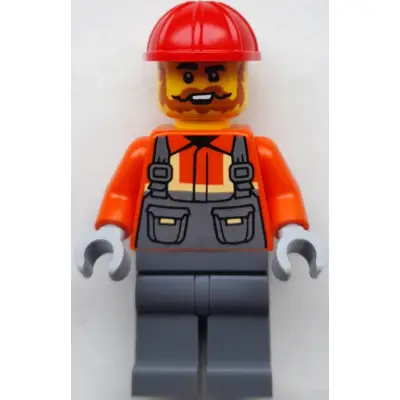 Construction Worker - Male, Dark Bluish Gray Overalls over Reddish Orange Safety Jacket with Reflective Stripes, Dark Bluish Gray Legs, Red Construction Helmet, Dark Orange Beard