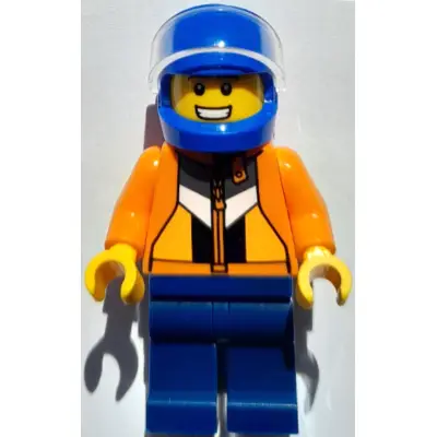 Stuntman (Jason 'Just Jason' Brickle) - Male, Orange Jacket with Panels and Zipper, Dark Blue Legs, Blue Helmet, Trans-Clear Visor