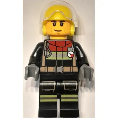 Fire - Male, Black Jacket and Legs with Reflective Stripes and Red Collar, Neon Yellow Flight Helmet, Trans-Clear Visor, Cheek Lines