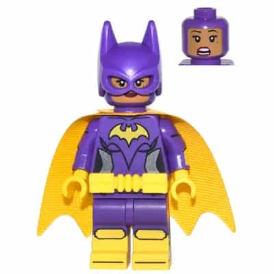 Batgirl - Minifigure, Dark Purple Suit, Yellow Cape, Smirk / Surprised