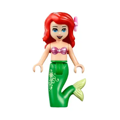 Ariel, Mermaid (Light Nougat) - Metallic Pink Shell Bra Top, Bright Green Tail with Star and Filigree, Medium Blue Eyes, Bright Pink Flower