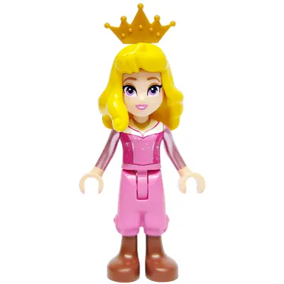 Aurora - Dark Pink Top, Metallic Pink Sleeves, Gold Necklace, Dark Pink Cropped Trousers, Reddish Brown Boots, Yellow Hair, Crown Tiara