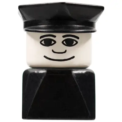 Duplo 2 x 2 x 2 Figure Brick Early, Male on Black Base, Black Police Hat, Wide Smile