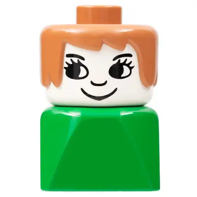 Duplo 2 x 2 x 2 Figure Brick Early, Female on Green Base, Fabuland Brown Hair, Eyelashes, Nose