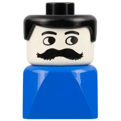 Duplo 2 x 2 x 2 Figure Brick Early, Male on Blue Base, Black Hair, Moustache