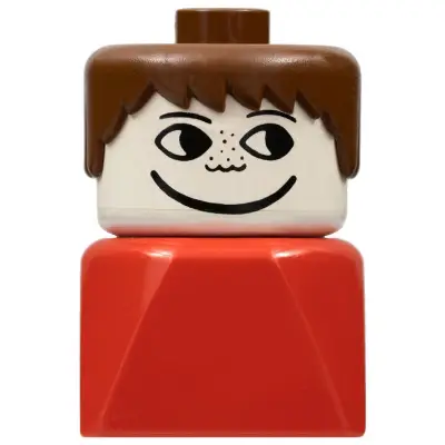 Duplo 2 x 2 x 2 Figure Brick Early, Male on Red Base, Brown Hair, Freckles