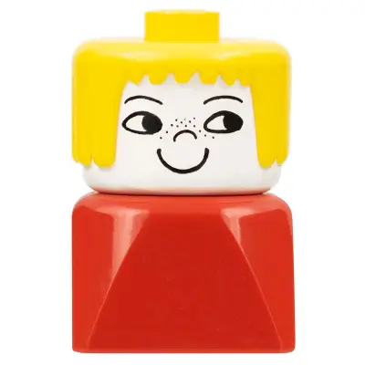 Duplo 2 x 2 x 2 Figure Brick Early, Female on Red Base, Yellow Hair, Freckles