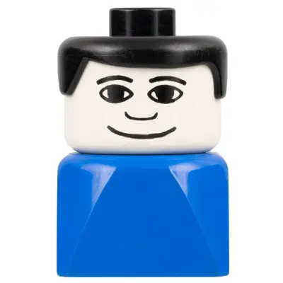 Duplo 2 x 2 x 2 Figure Brick Early, Male on Blue Base, Black Hair, Wide Smile