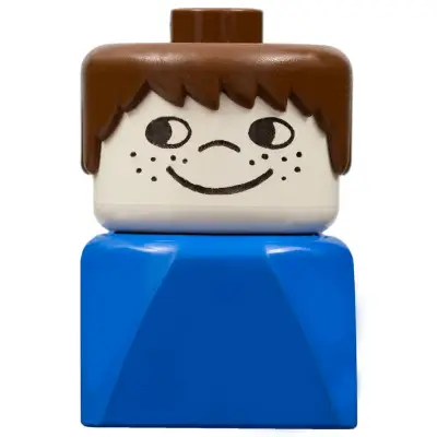 Duplo 2 x 2 x 2 Figure Brick Early, Male on Blue Base, Brown Hair, Cheek Freckles