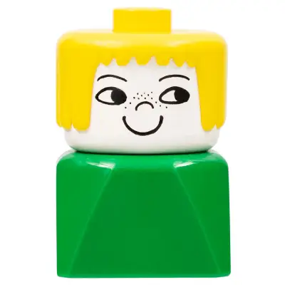 Duplo 2 x 2 x 2 Figure Brick Early, Female on Green Base, Yellow Hair, Nose Freckles