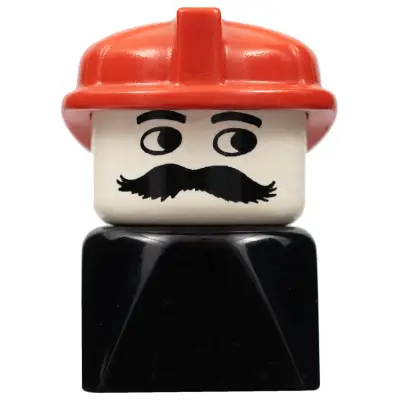 Duplo 2 x 2 x 2 Figure Brick Early, Male on Black Base, Moustache, Red Hat (Firefighter)