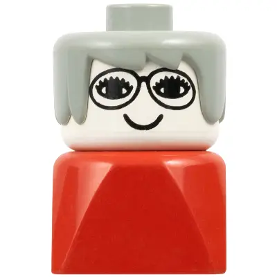 Duplo 2 x 2 x 2 Figure Brick Early, Female on Red Base, Gray Hair, Glasses (Grandmother)