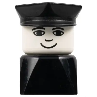 Duplo 2 x 2 x 2 Figure Brick Early, Male on Black Base, Black Police Hat, Small Smile
